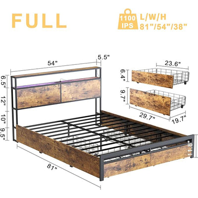 HAUSOURCE Full Bed Frame w/Built-In Storage Headboard, LED Lights, and 4 Drawers