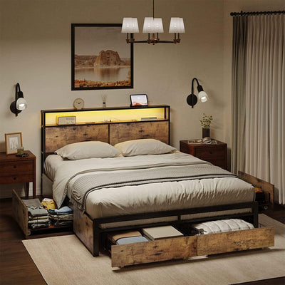 HAUSOURCE Full Bed Frame w/Built-In Storage, LED Lights, & 4 Drawers (For Parts) - VMInnovations