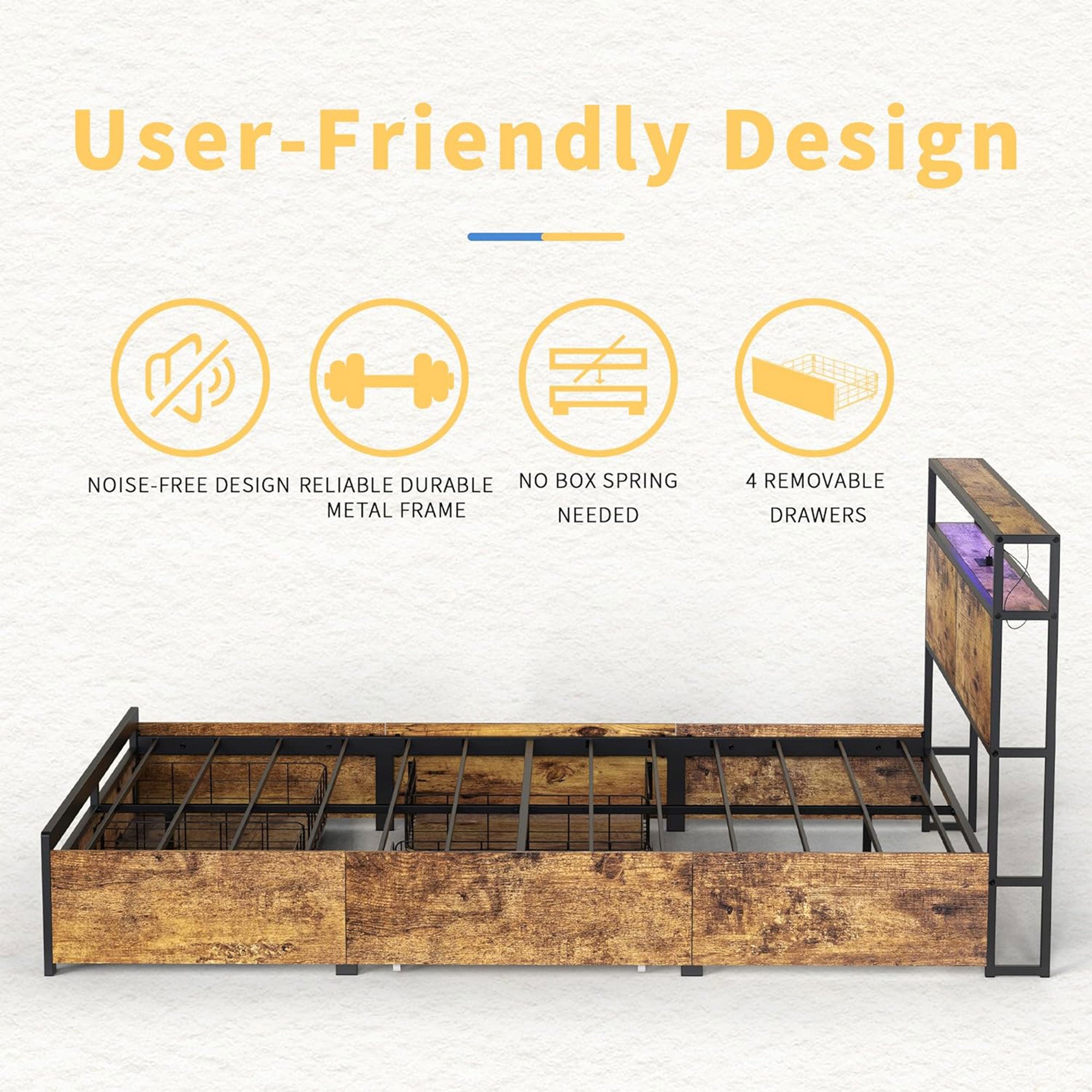 HAUSOURCE Full Bed Frame w/Built-In Storage, LED Lights, & 4 Drawers (For Parts) - VMInnovations