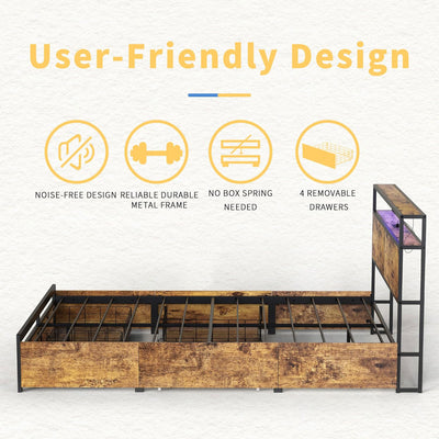 HAUSOURCE Bed Frame w/Built-In Storage Headboard, LED Lights, 4 Drawers (Used) - VMInnovations