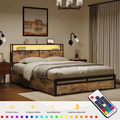 HAUSOURCE Full Bed Frame w/Built-In Storage Headboard, LED Lights, and 4 Drawers