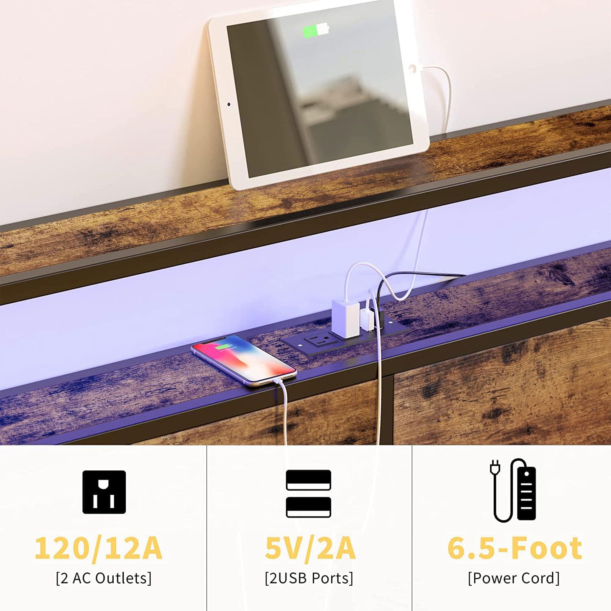 HAUSOURCE Bed Frame w/Built-In Storage Headboard, LED Lights, 4 Drawers (Used) - VMInnovations