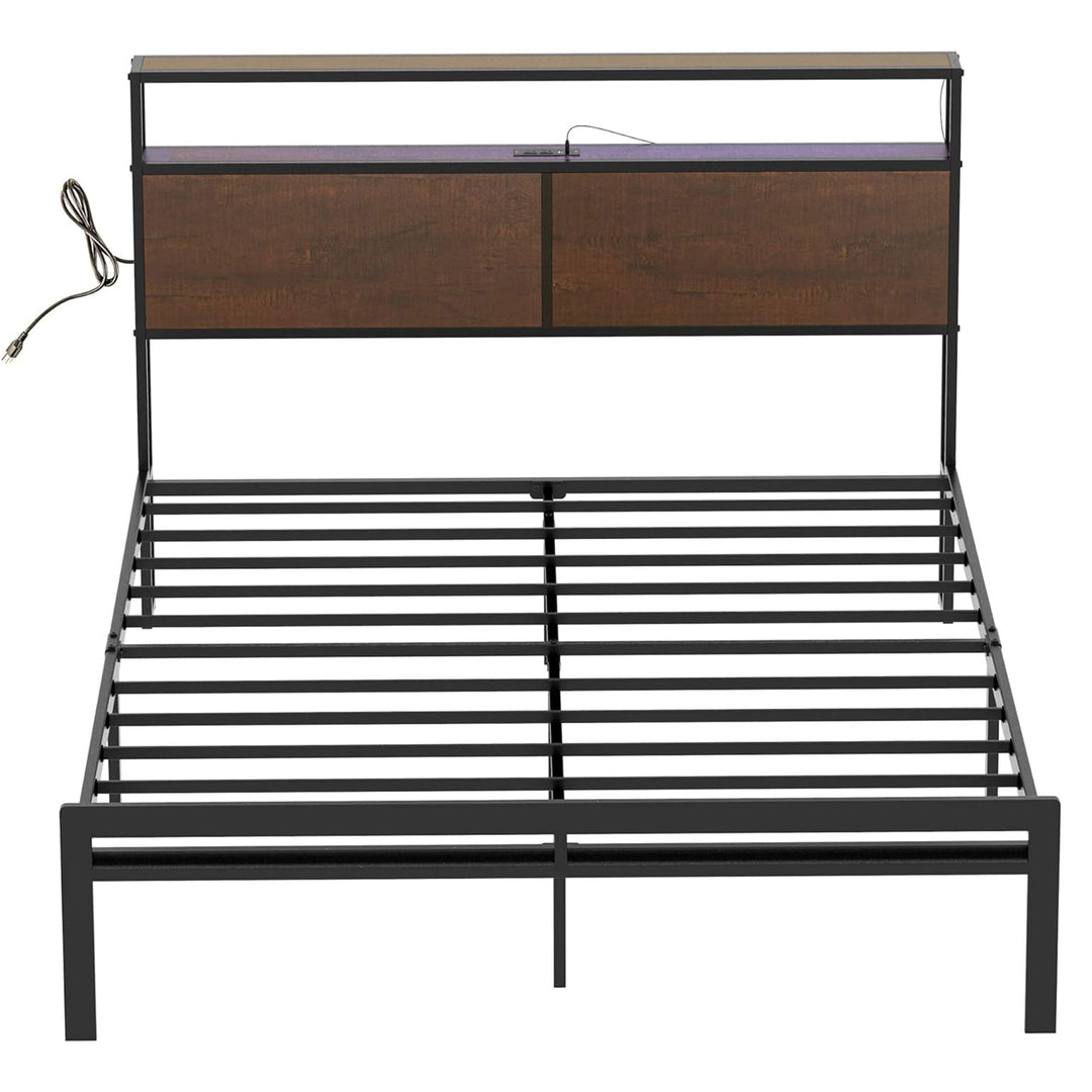 HAUSOURCE Queen Bed Frame with Storage Headboard Metal Platform Bed with Stopper