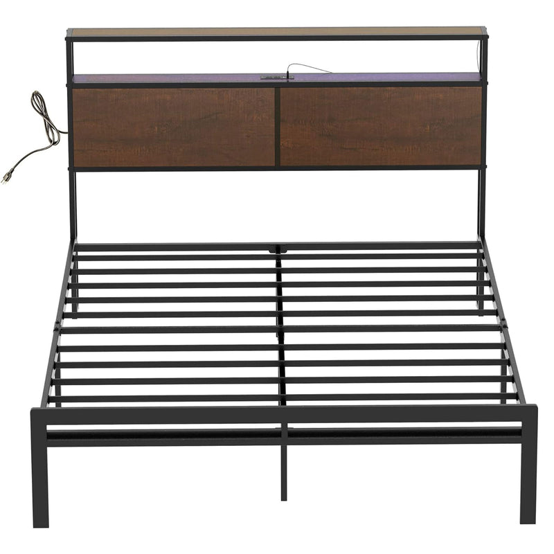 HAUSOURCE Queen Bed Frame with Storage Headboard Metal Platform Bed with Stopper