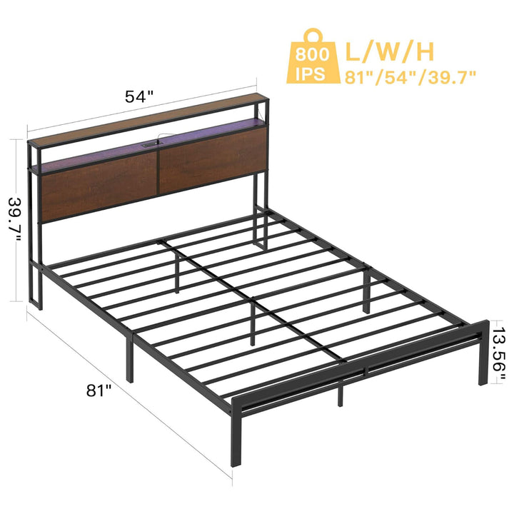 HAUSOURCE Queen Bed Frame with Storage Headboard Metal Platform Bed with Stopper