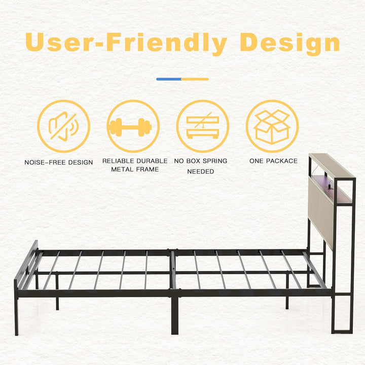 HAUSOURCE Queen Bed Frame with Storage Headboard Metal Platform Bed with Stopper