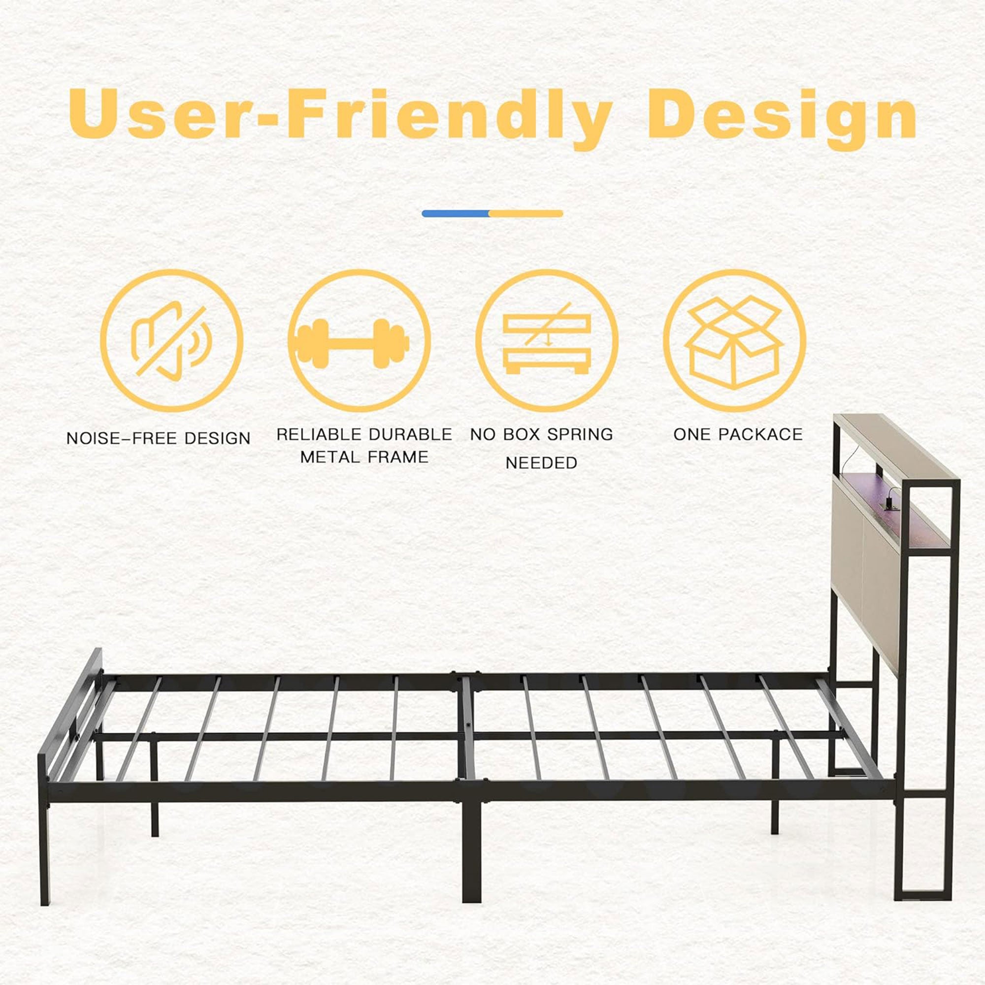 HAUSOURCE Queen Bed Frame with Storage Headboard/Metal Platform Bed (Open Box) - VMInnovations