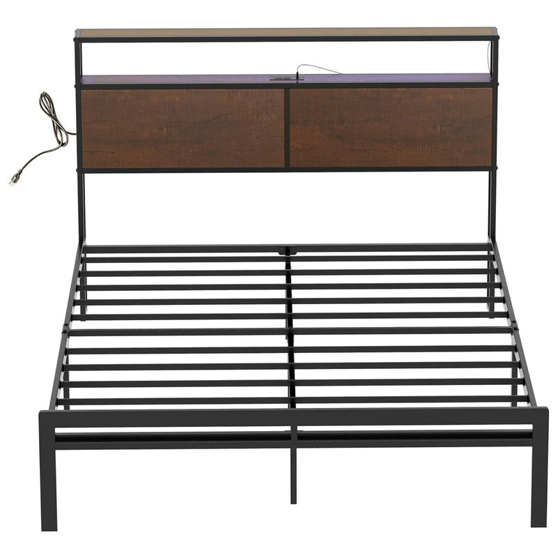 HAUSOURCE Full Bed Frame with Storage Headboard and Metal Platform Bed for Rooms