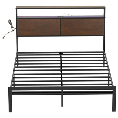 HAUSOURCE Full Bed Frame w/Storage Headboard & Metal Platform Bed(Open Box) - VMInnovations