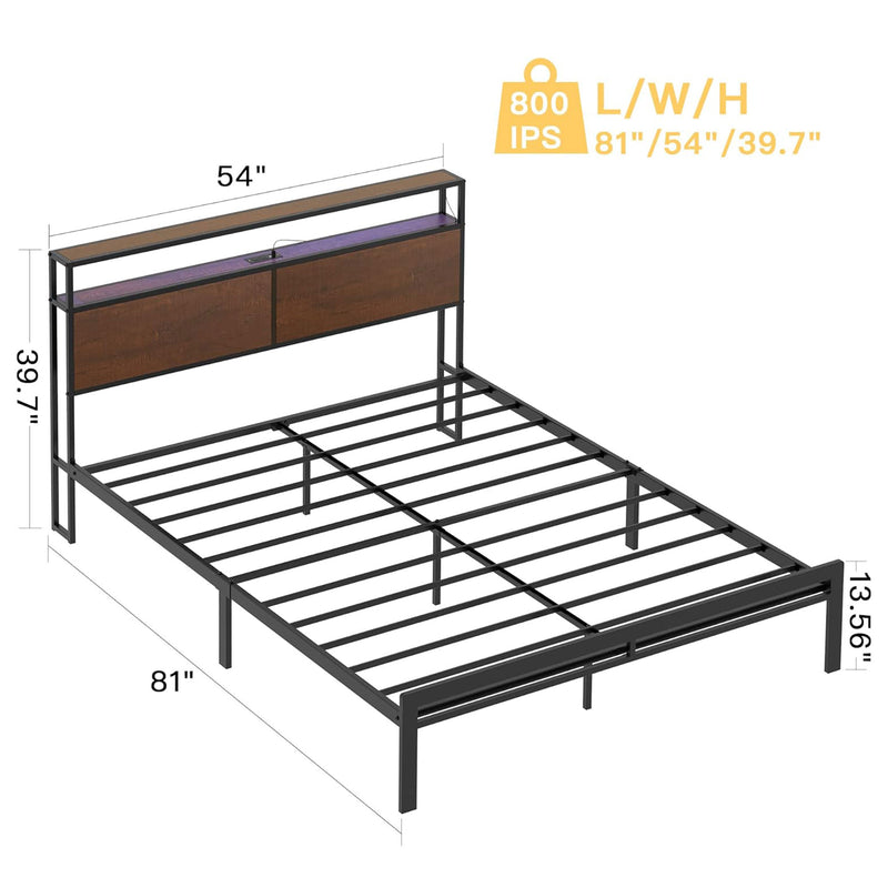 HAUSOURCE Full Bed Frame with Storage Headboard and Metal Platform Bed for Rooms