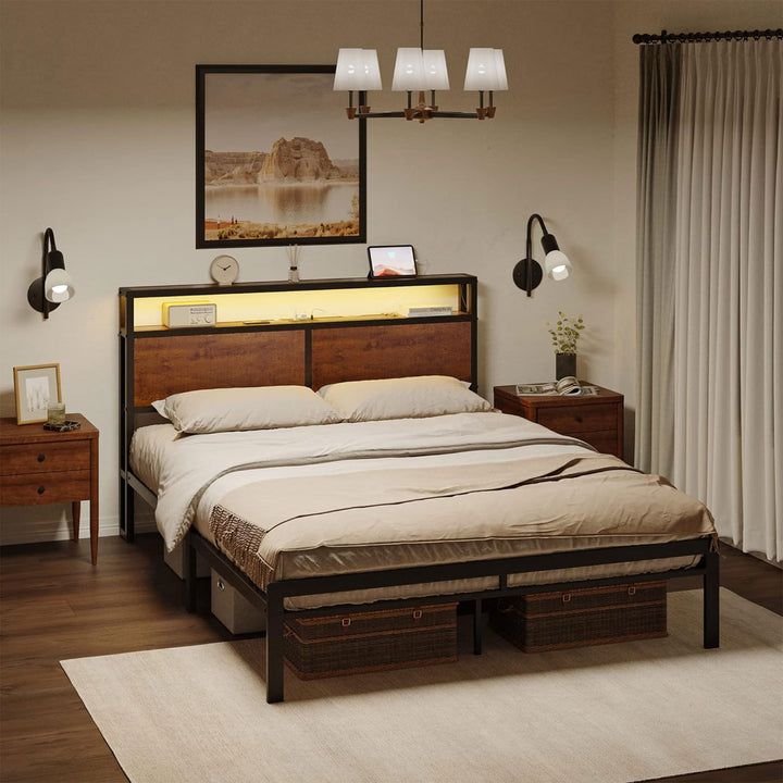 HAUSOURCE Full Bed Frame with Storage Headboard and Metal Platform Bed for Rooms