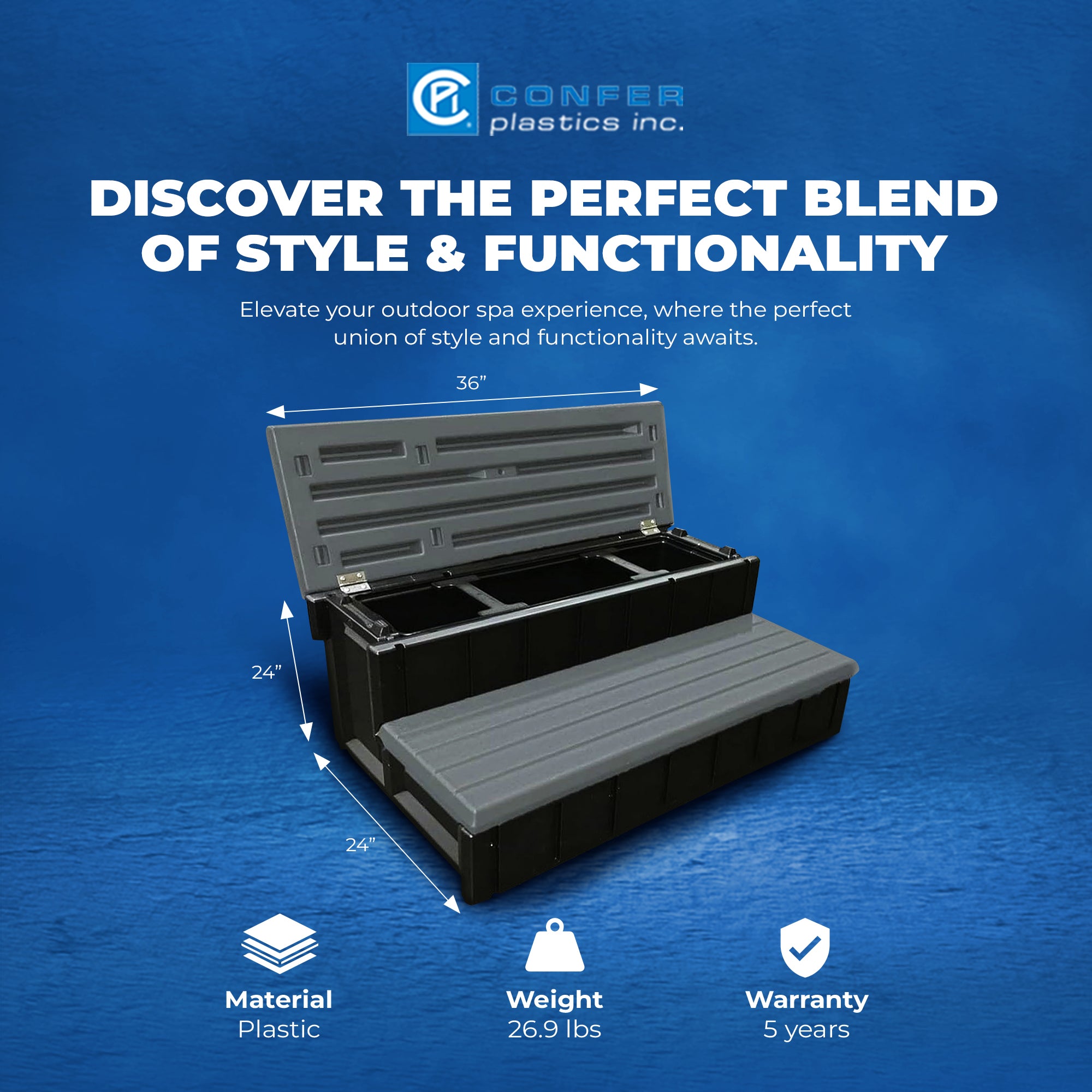 Confer Plastics Leisure Accents Outdoor Spa Hot Tub Storage Steps, Deep Gray - VMInnovations