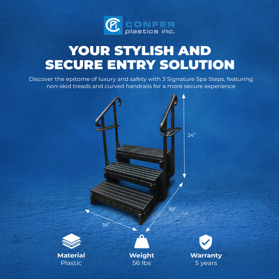 Confer Plastics 36” Signature Spa Step w/Treads & Curved Handrails, Black (Used) - VMInnovations