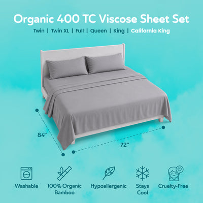 Sleepgram Viscose from Bamboo Cal King Bed Sheet Set w/2 Pillowcases, Grey Stone