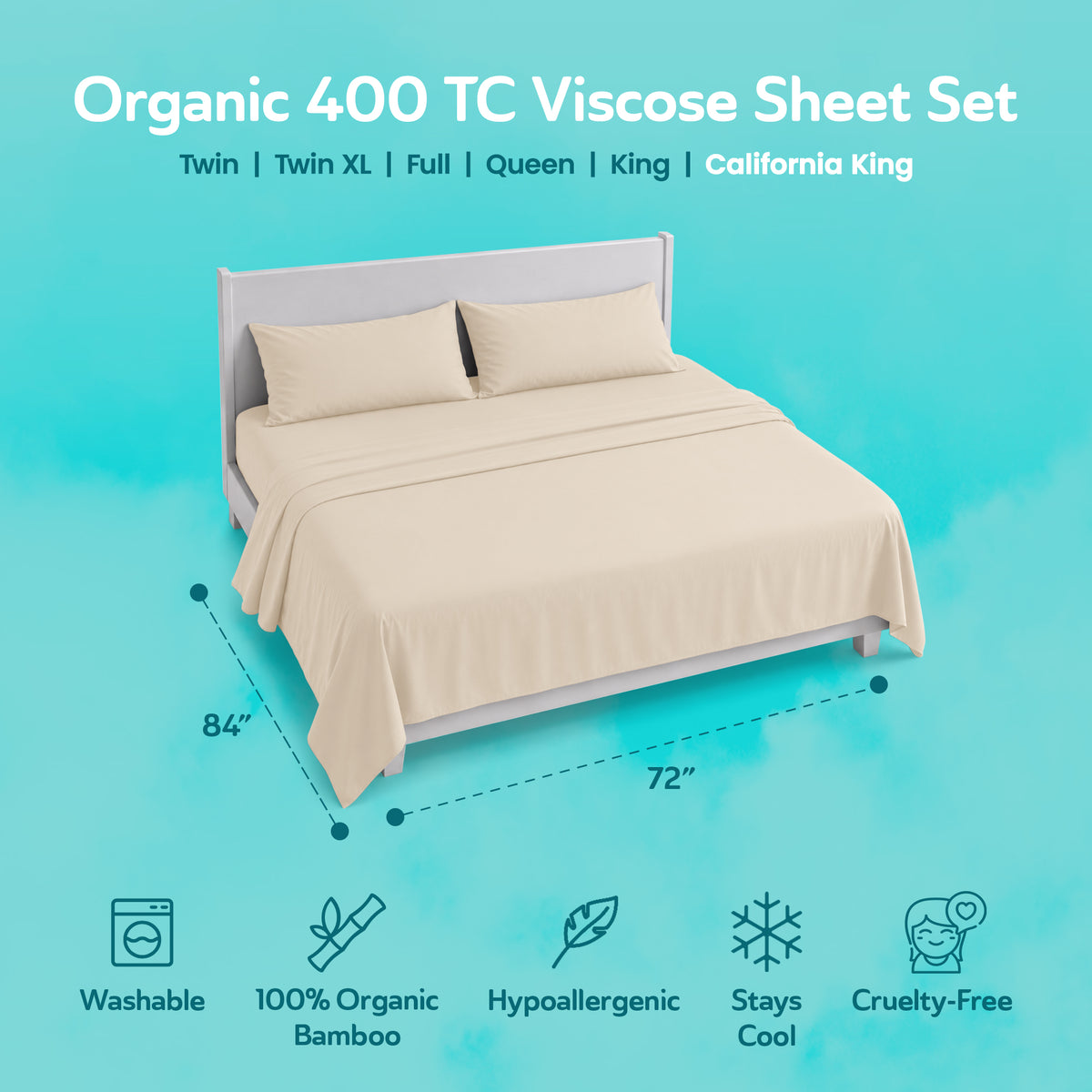 Sleepgram Viscose from Bamboo Cal King Bed Sheet Set with 2 Pillowcases, Sand
