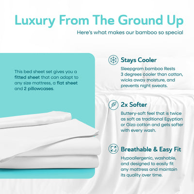 Sleepgram Viscose from Bamboo Full Bed Sheet Set with 2 Pillowcases, White