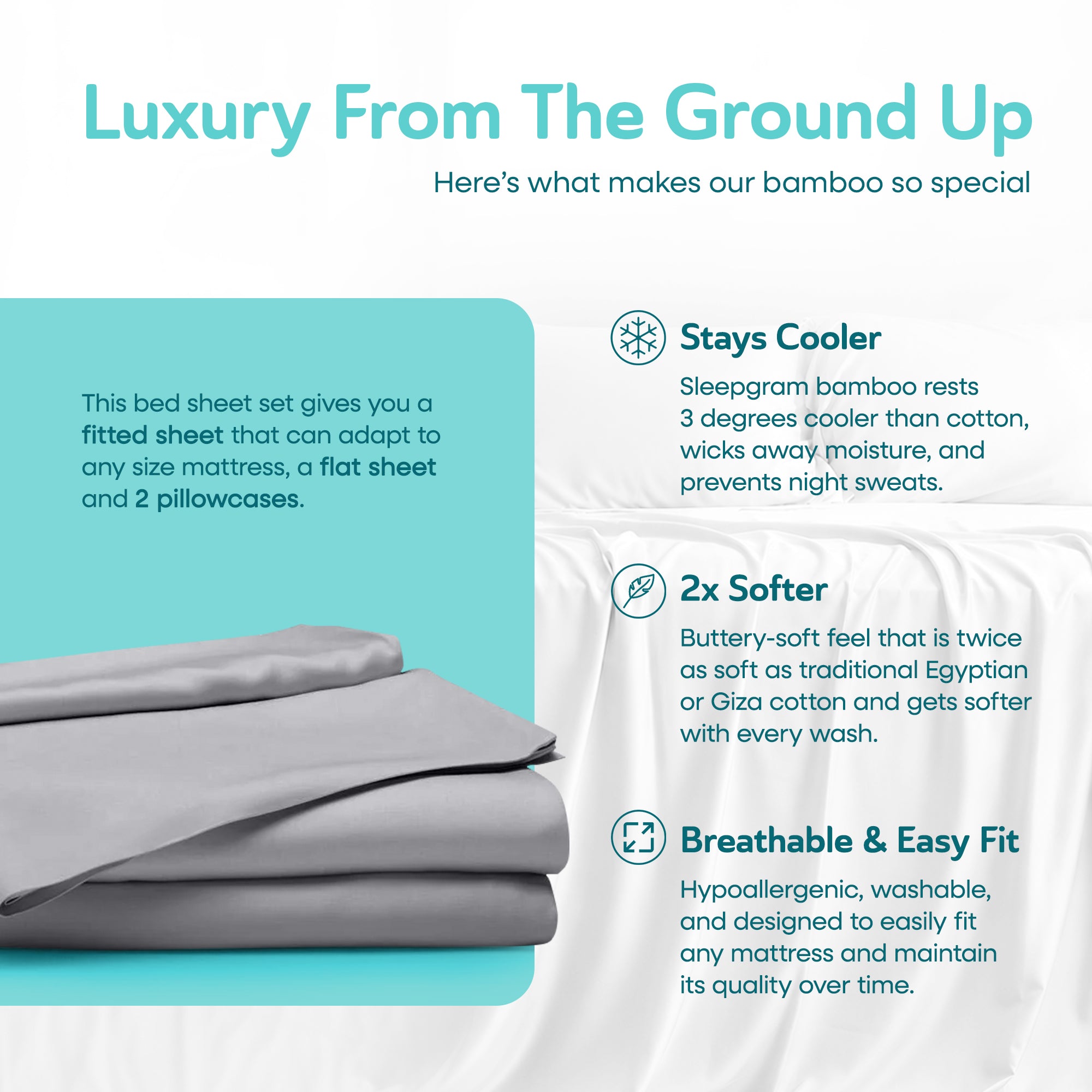 Sleepgram Viscose from Bamboo King Bed Sheet Set with 2 Pillowcases, Grey Stone