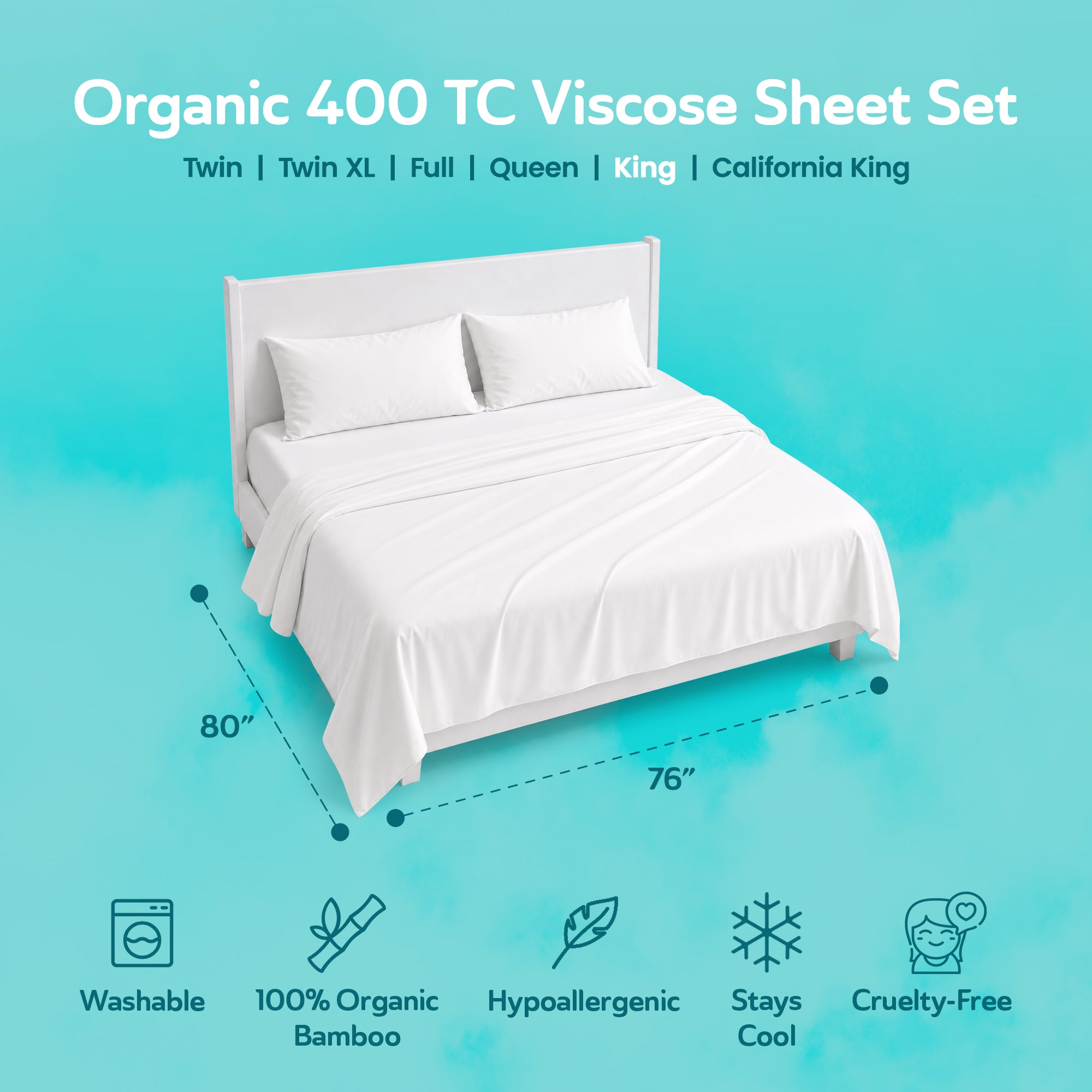 Sleepgram Viscose from Bamboo King Bed Sheet Set w/2 Pillowcases, White (Used)