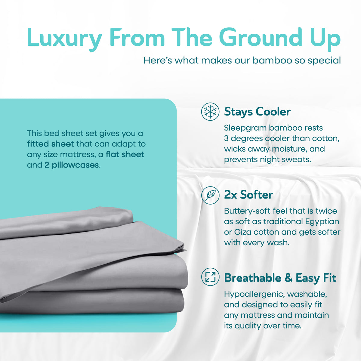 Sleepgram Viscose from Bamboo Queen Bed Sheet Set with 2 Pillowcases, Grey Stone