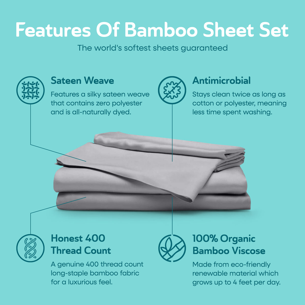 Sleepgram Viscose from Bamboo Queen Bed Sheet Set with 2 Pillowcases, Grey Stone