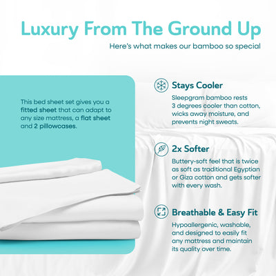 Sleepgram Viscose from Bamboo Queen Bed Set w/2 Pillowcases, White (Open Box)