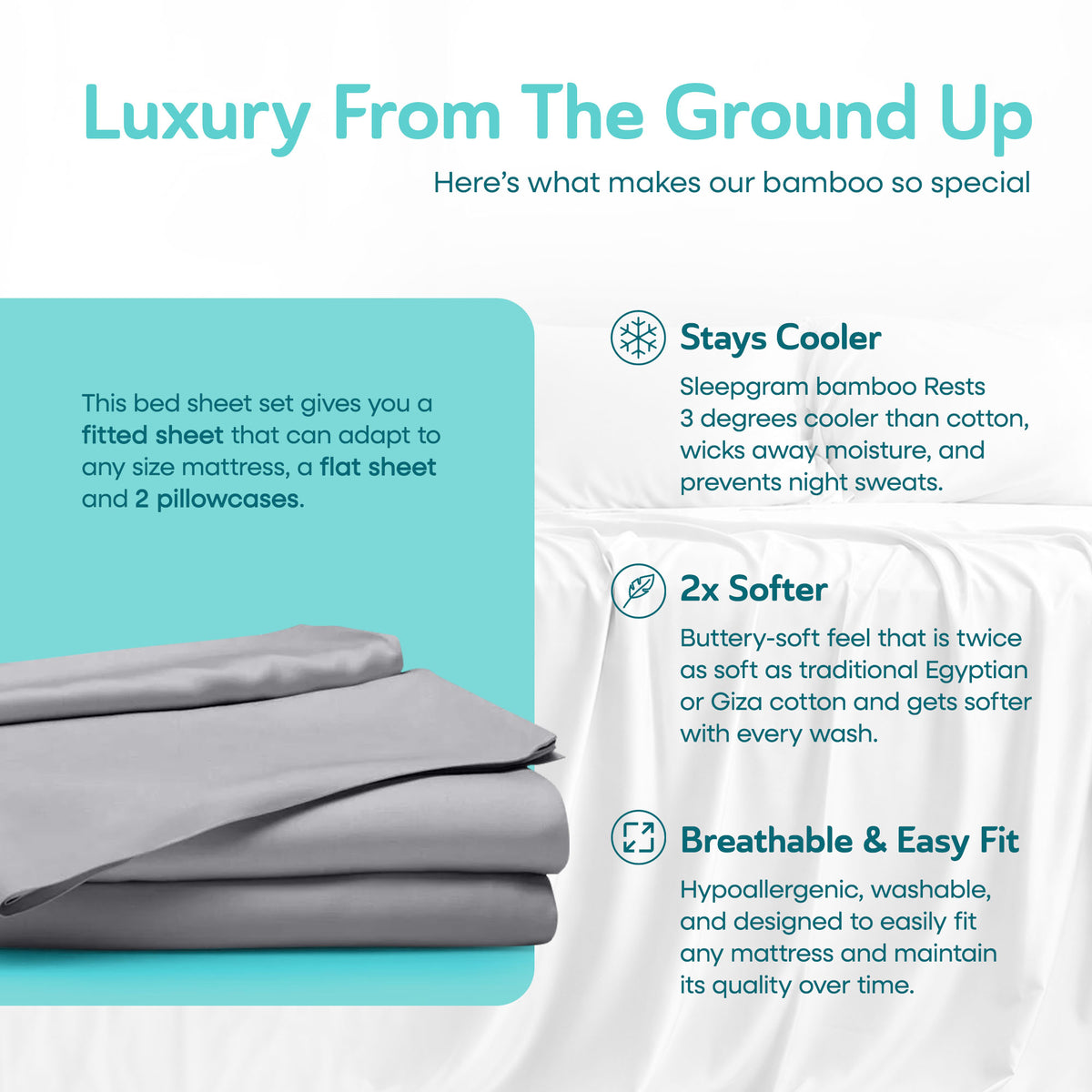Sleepgram Viscose from Bamboo Twin Bed Sheet Set with 2 Pillowcases, Grey Stone