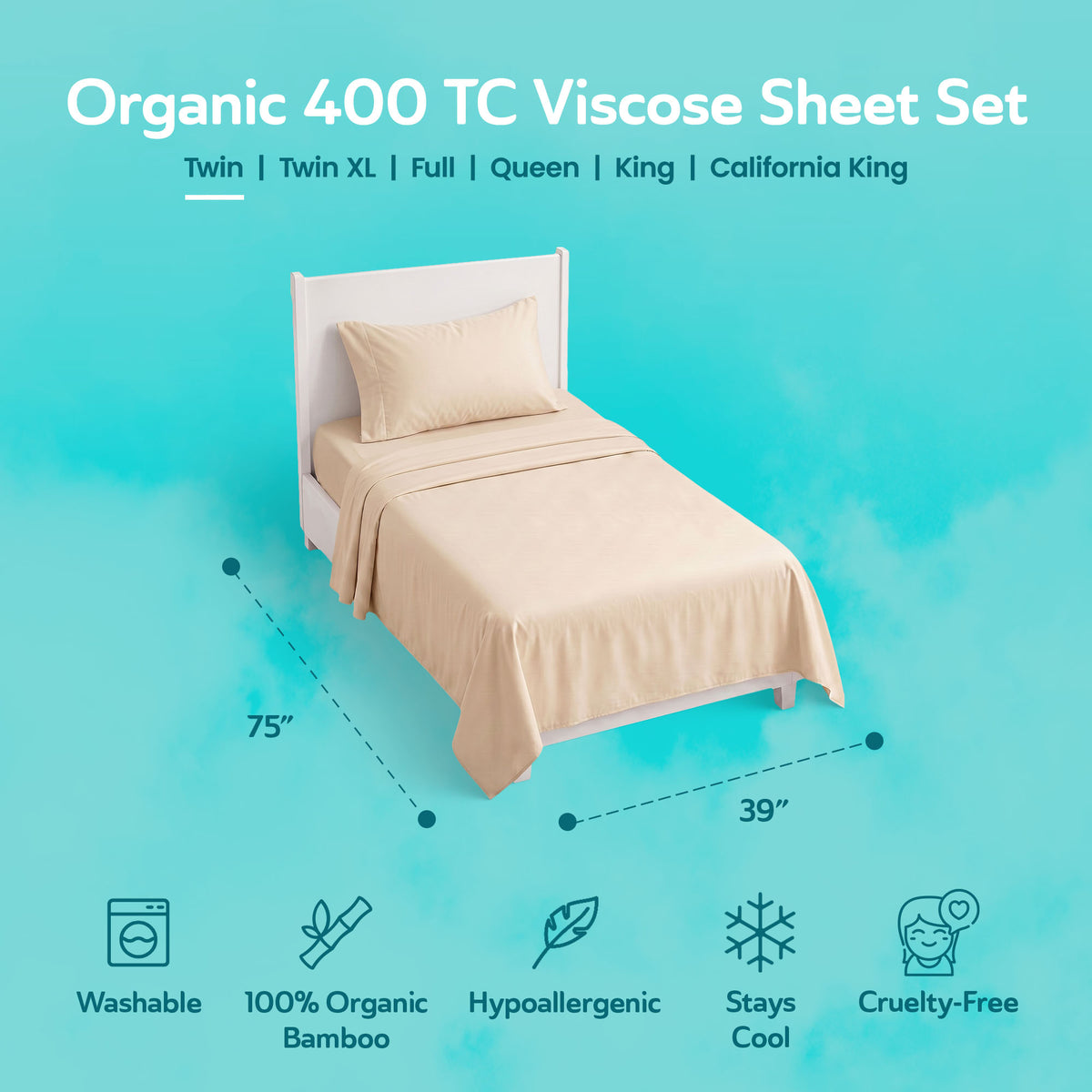 Sleepgram Bamboo Bed Sheet Set - 4 Pieces (Twin, Sand) (Open Box)