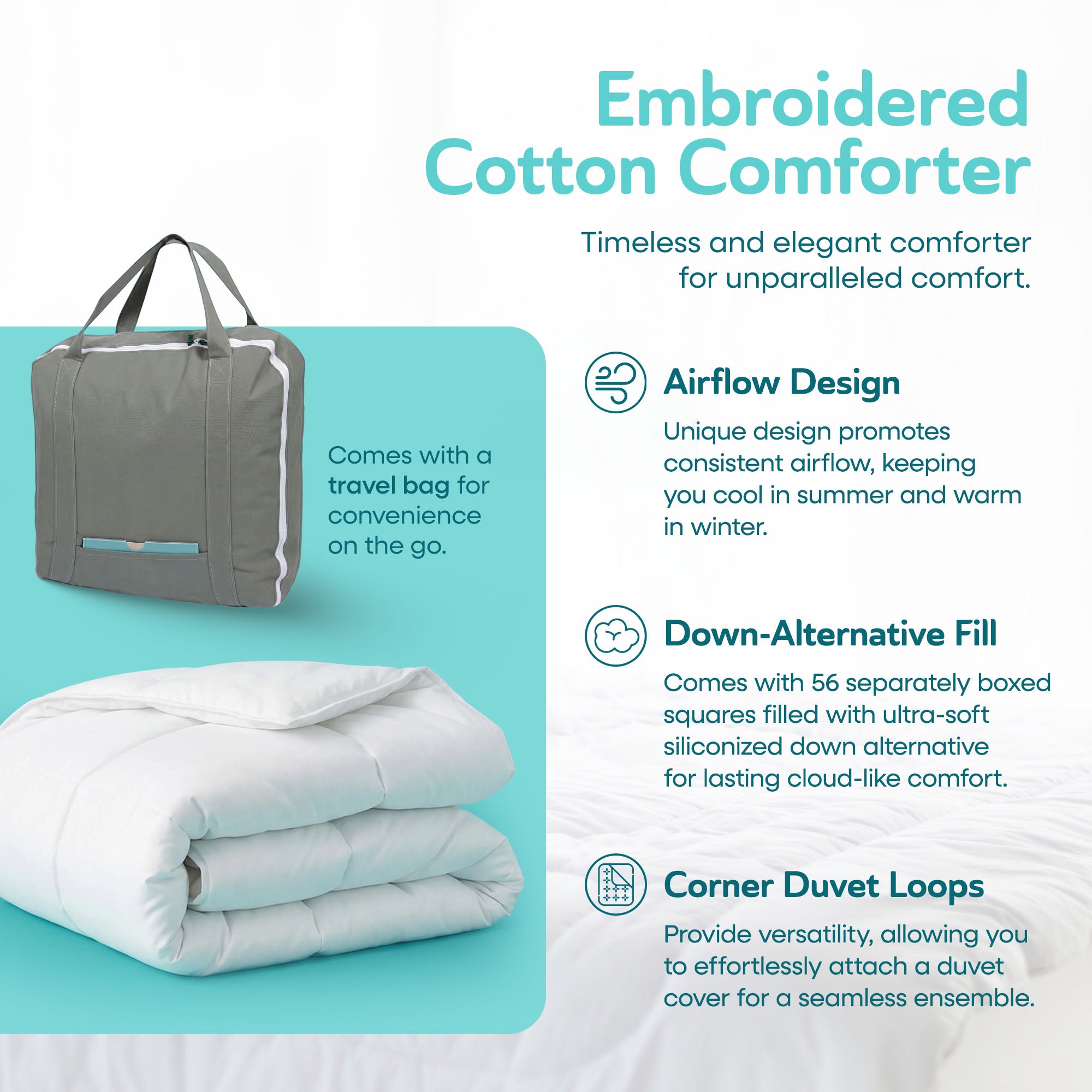 Sleepgram Twin Sized Pre Shrunk All Season Embroidered Cotton Comforter, White - VMInnovations