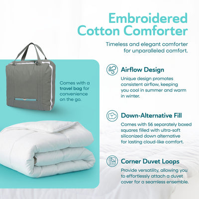 Sleepgram Twin Sized Pre Shrunk All Season Embroidered Cotton Comforter, White - VMInnovations