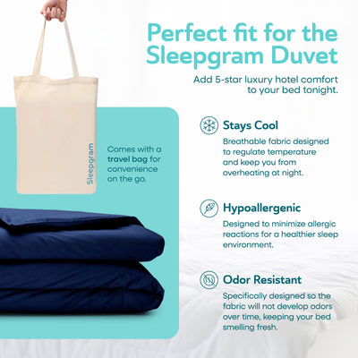 Sleepgram Supima 400 Thread Count Cotton Duvet Cover with Travel Bag, King, Blue - VMInnovations