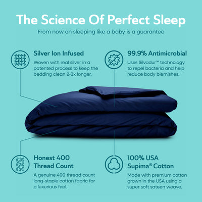 Sleepgram Supima 400 Thread Count Cotton Duvet Cover with Travel Bag, King, Blue - VMInnovations