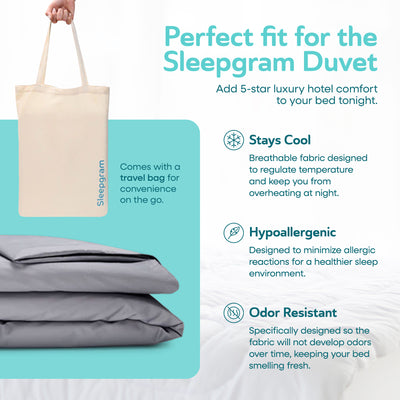 Sleepgram Supima 400 Thread Count Cotton Duvet Cover with Travel Bag, King, Grey