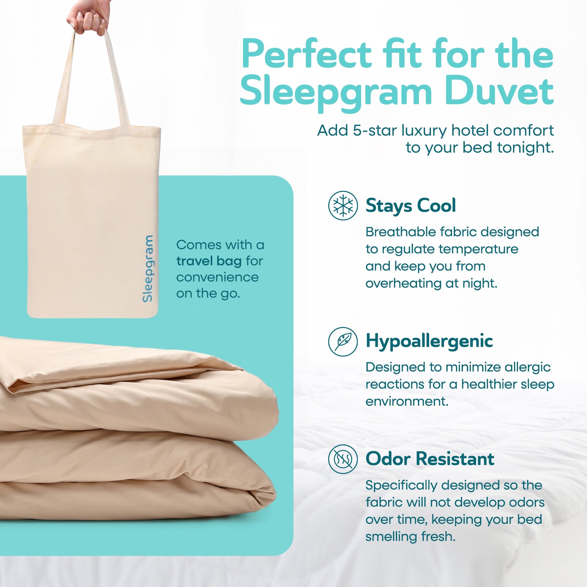 Sleepgram Supima 400 Thread Count Cotton Duvet Cover with Travel Bag, King, Sand