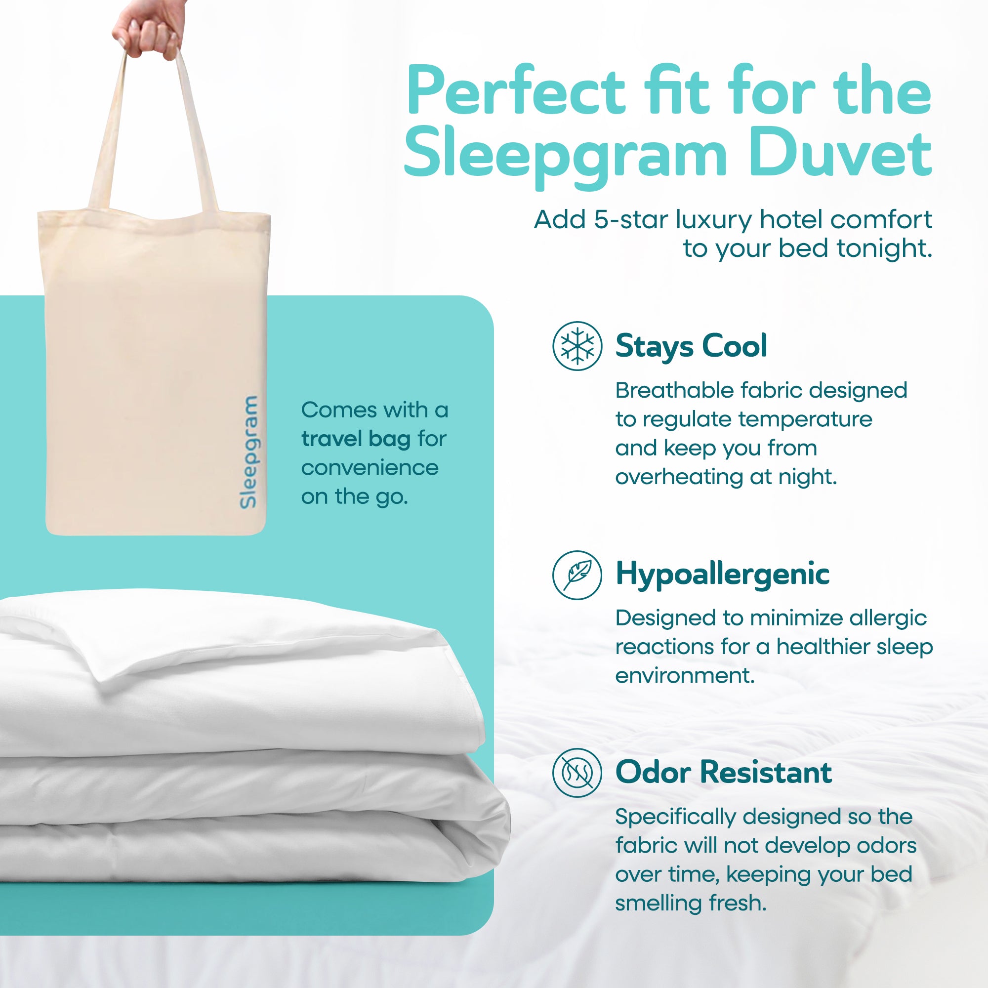 Sleepgram Supima 400 Thread Count Cotton Duvet Cover w/ Travel Bag, Queen, White
