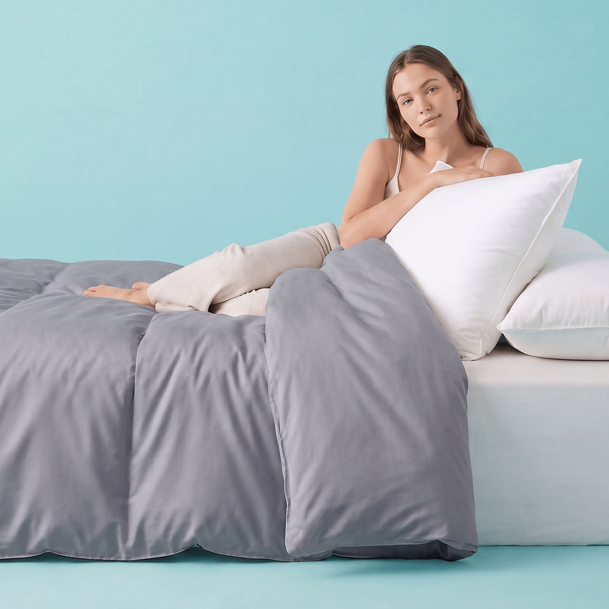 Sleepgram Supima 400 Thread Count Cotton Duvet Cover with Travel Bag, Twin, Grey