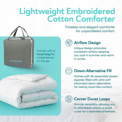 Sleepgram Twin Sized Pre Shrunk Lightweight Embroidered Cotton Comforter, White - VMInnovations