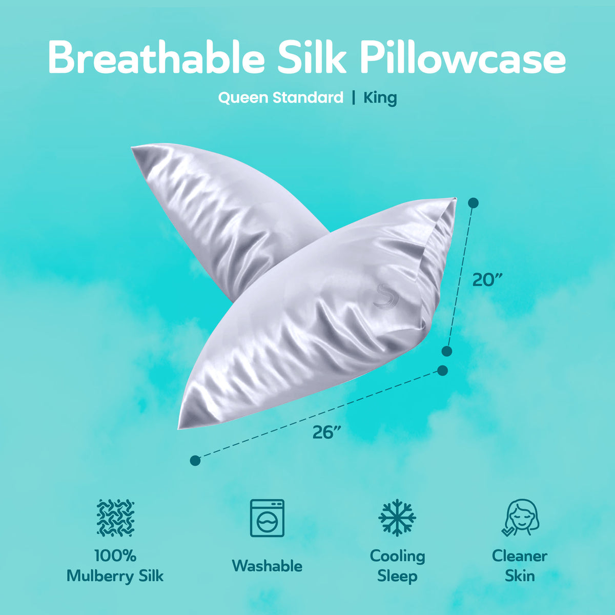 Sleepgram Queen Standard Size Breathable Cooling 6A Silk Pillowcase, Grey Stone