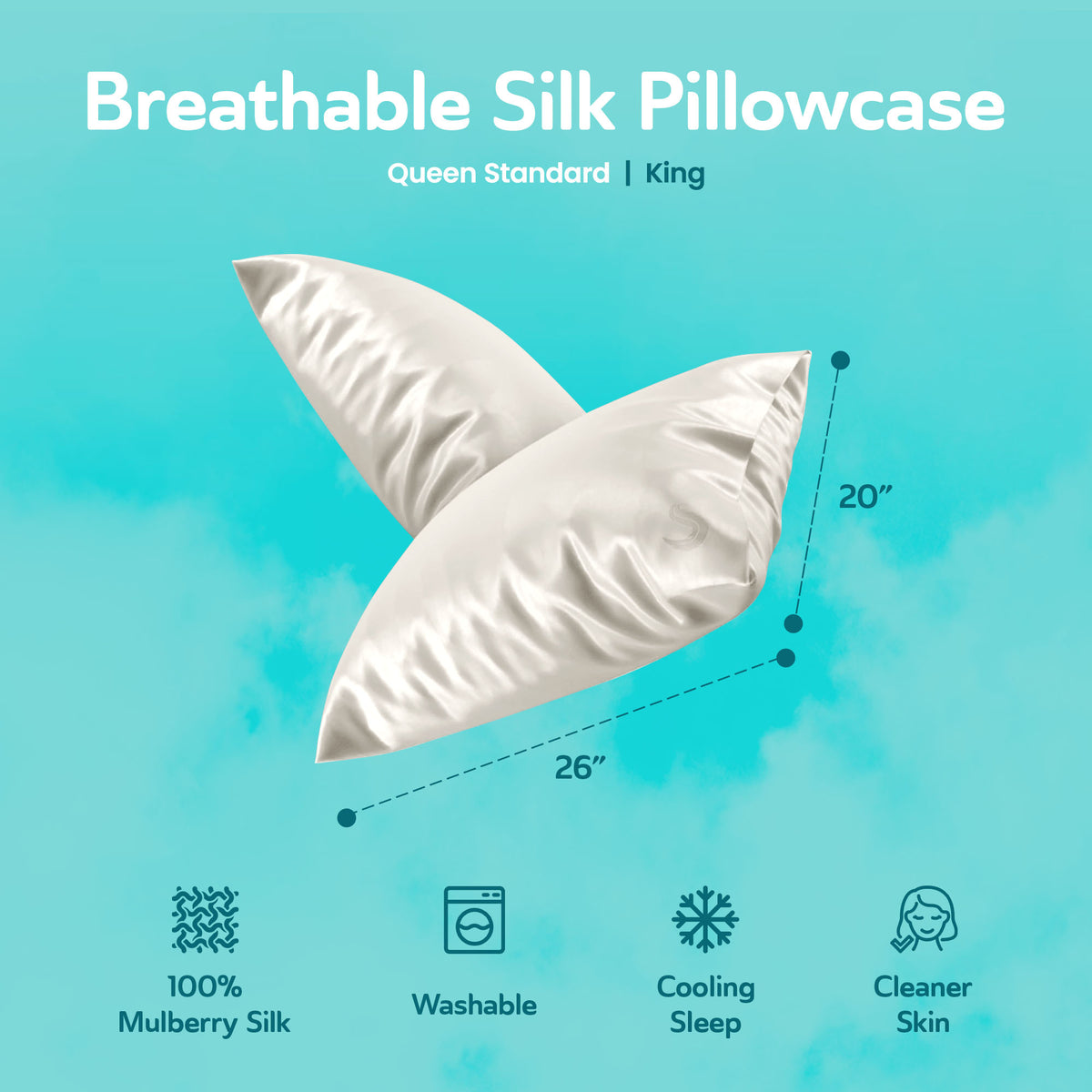 Sleepgram Queen Standard Size Breathable Cooling Grade 6A Silk Pillowcase, White