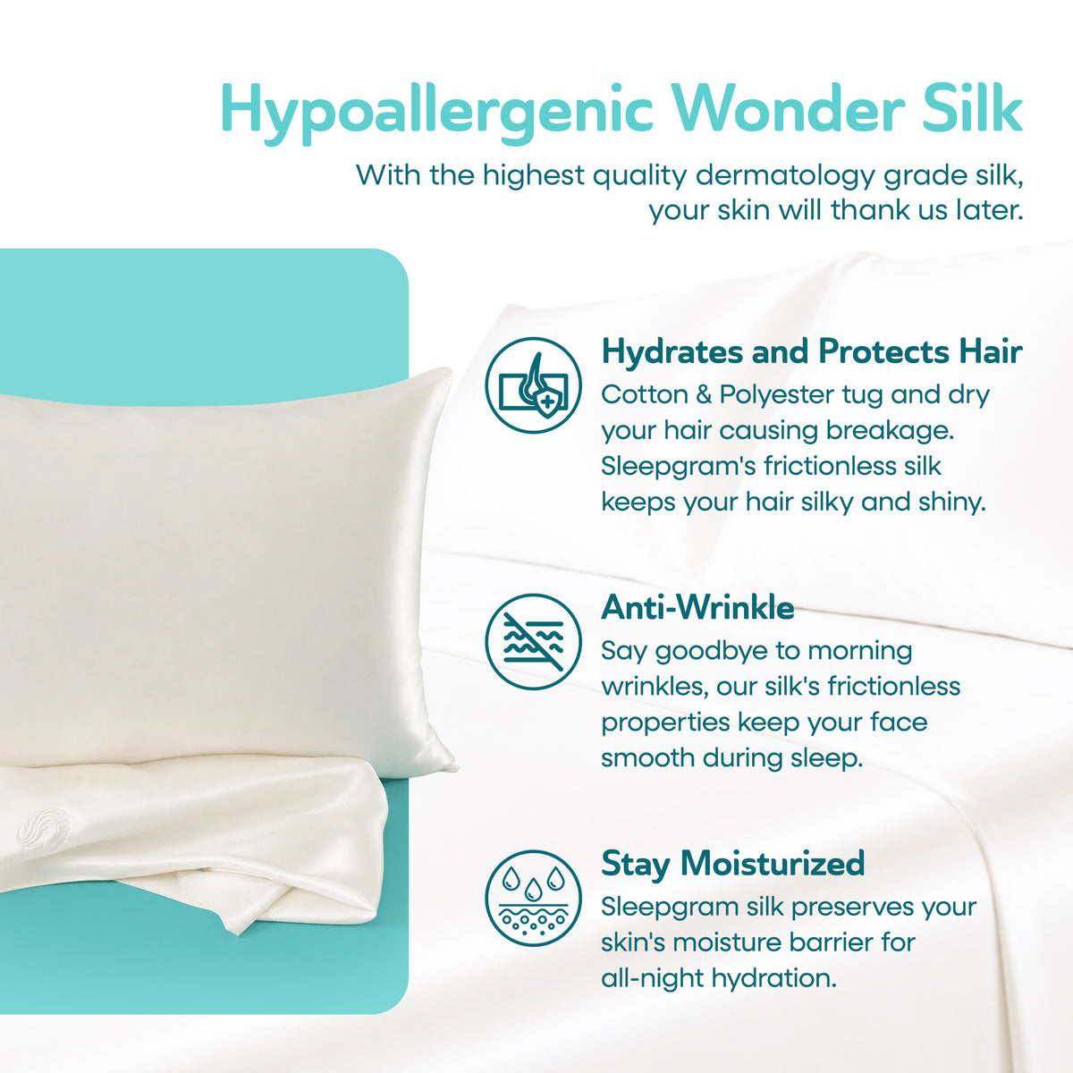 Sleepgram Regular King Size Breathable Cooling Grade 6A Silk Pillowcase, White