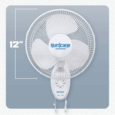 Hurricane Supreme 12 Inch 90 Degree Oscillating 3 Speed Wall Mounted Fan, White