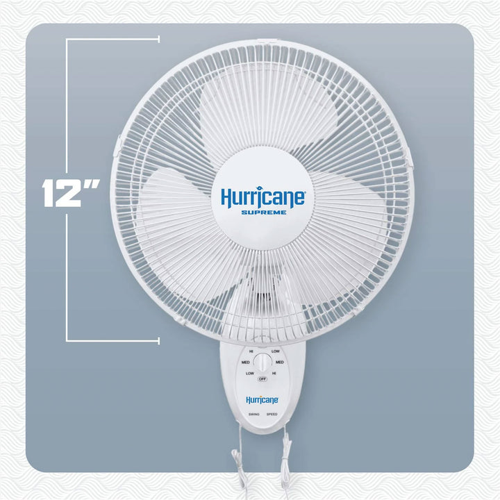 Hurricane Supreme 12" Oscillating 3 Speed Portable WallMount Fan White(Open Box)