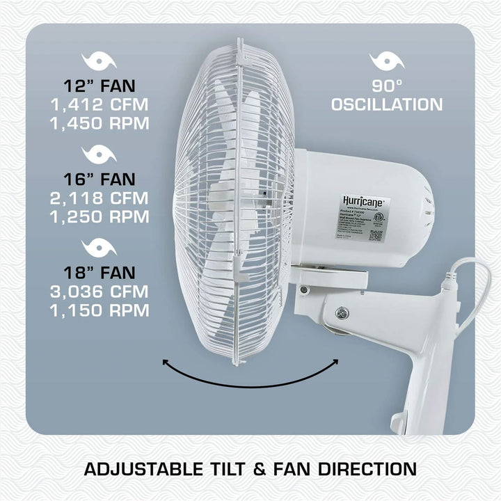 Hurricane Supreme 12" 90 Degree Oscillating 3 Speed Wall Mounted Fan,White(Used) - VMInnovations