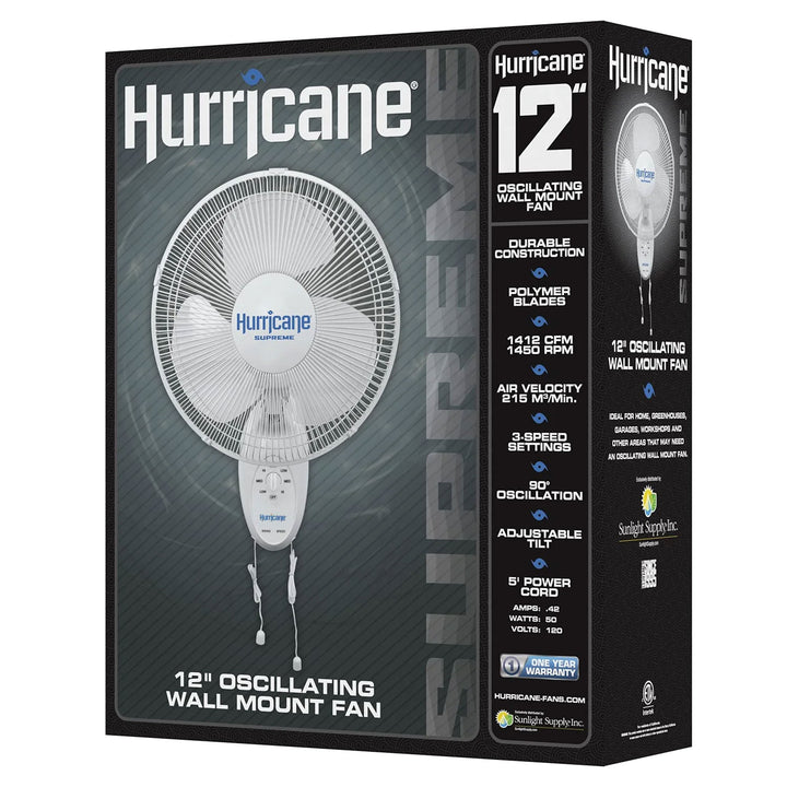 Hurricane Supreme 12 Inch Oscillating 3 Speed Portable Wall Mount Fan, White