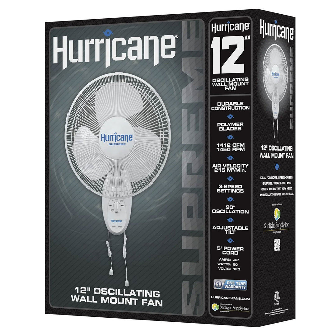 Hurricane Supreme 12" Oscillating 3 Speed Portable WallMount Fan White(Open Box)