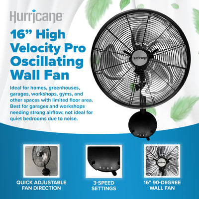 Hurricane 16" Pro High Velocity Oscillating Metal Wall Mount Fan,Black(Open Box) - VMInnovations
