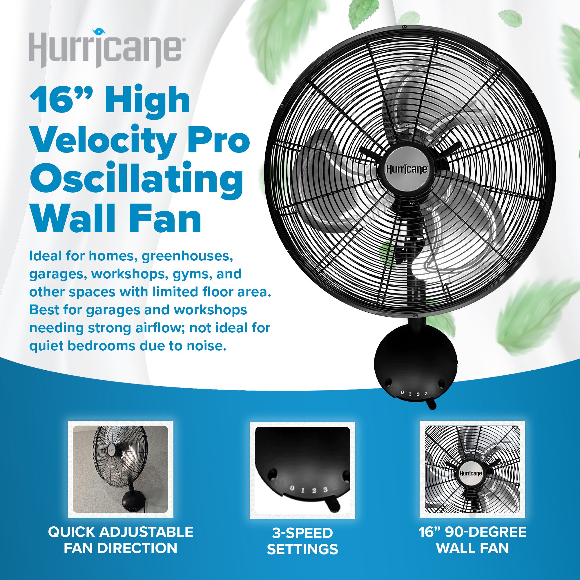 Hurricane 16 Inch Pro High Velocity Oscillating Metal Wall Mount Fan, Black