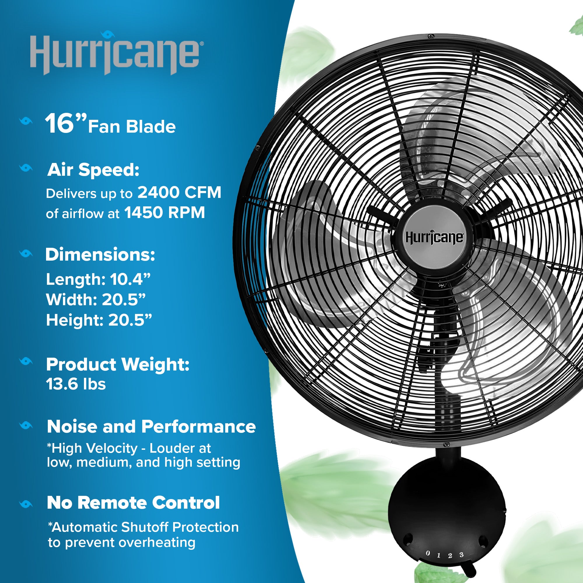Hurricane 16 Inch Pro High Velocity Oscillating Metal Wall Mount Fan, Black