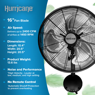 Hurricane 16" Pro High Velocity Oscillating Metal Wall Mount Fan, Black(Damaged)