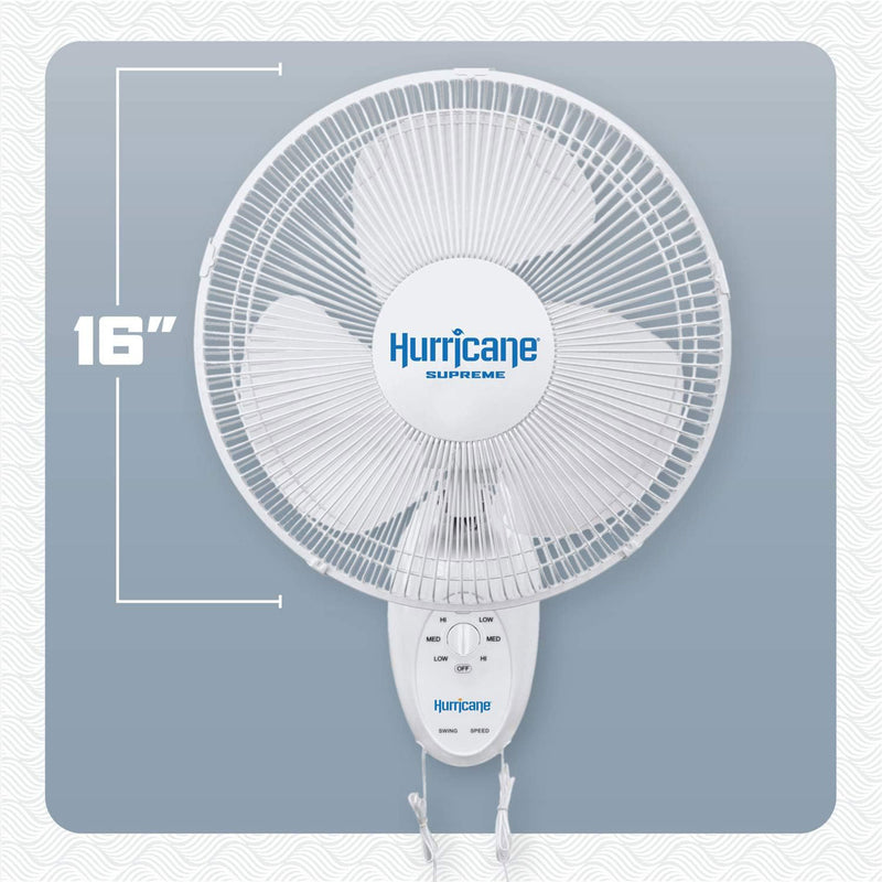 Hurricane Supreme 16 Inch 90 Degree Oscillating 3 Speed Wall Mounted Fan, White