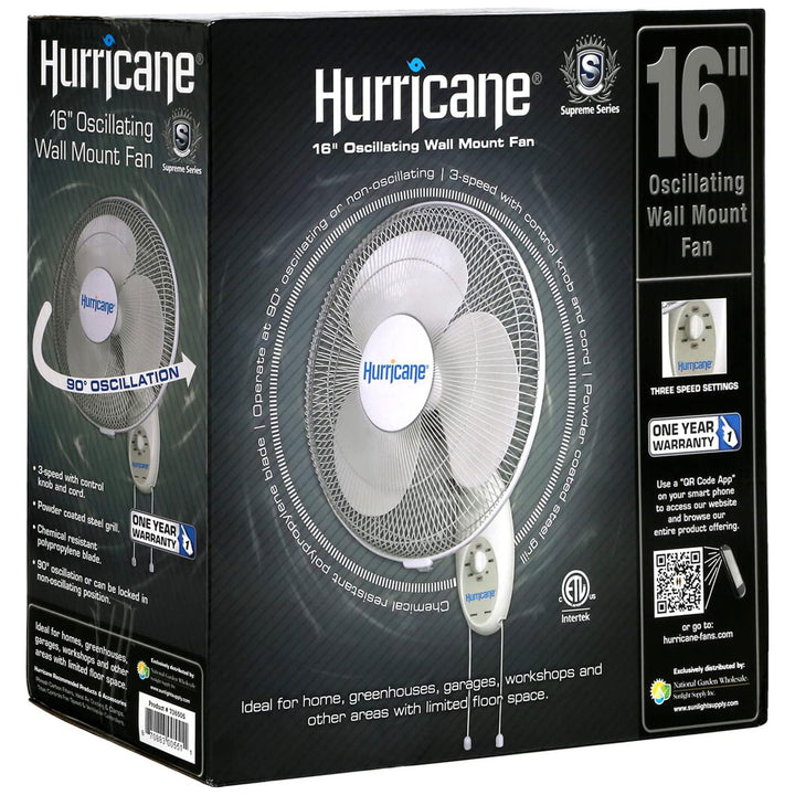 Hurricane Supreme 16 Inch 90 Degree Oscillating 3 Speed Wall Mounted Fan, White